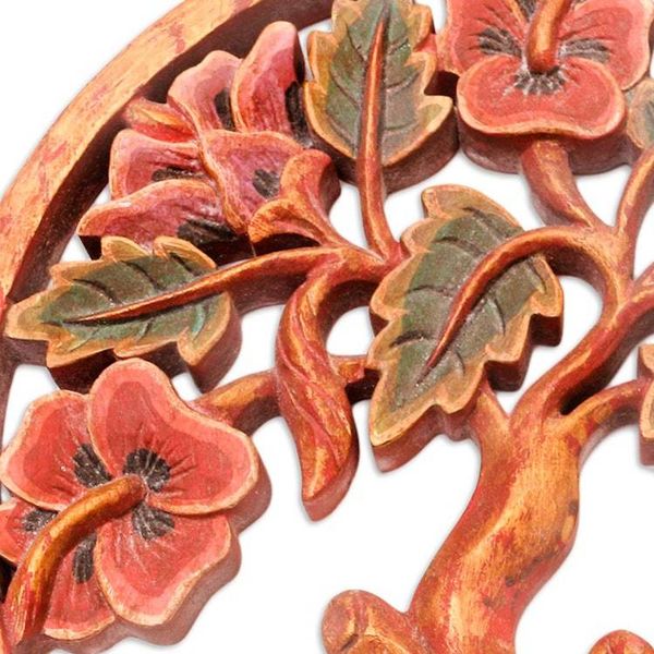 Alternate image for Hand Carved Suar Wood Tree-Motif Relief Panel Hibiscus Garden