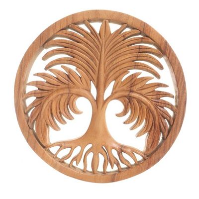 Alternate image for Handmade Suar Wood Palm Tree Relief Panel Palm Garden