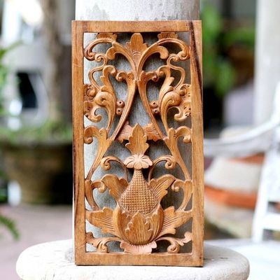Alternate image for Hand Carved Suar Wood Relief Panel Paisley Flower