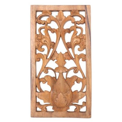 Alternate image for Hand Carved Suar Wood Relief Panel Paisley Flower