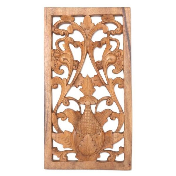 Alternate image for Hand Carved Suar Wood Relief Panel Paisley Flower