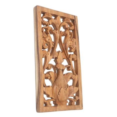 Alternate image for Hand Carved Suar Wood Relief Panel Paisley Flower