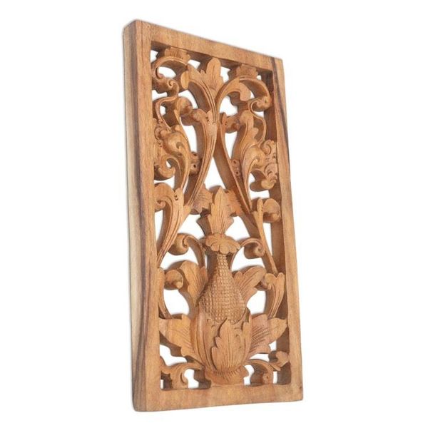 Alternate image for Hand Carved Suar Wood Relief Panel Paisley Flower