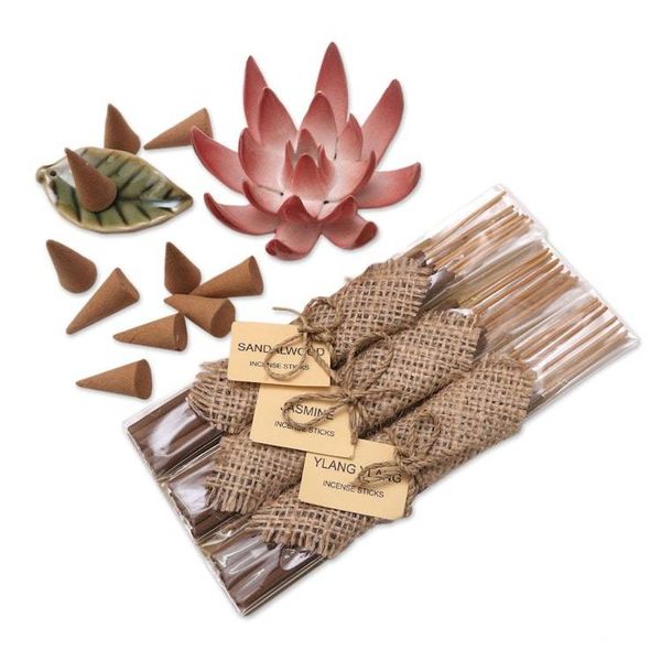 Alternate image for Ceramic Lotus Flower Aromatherapy Incense Boxed Set Blooming Lotus in Pink