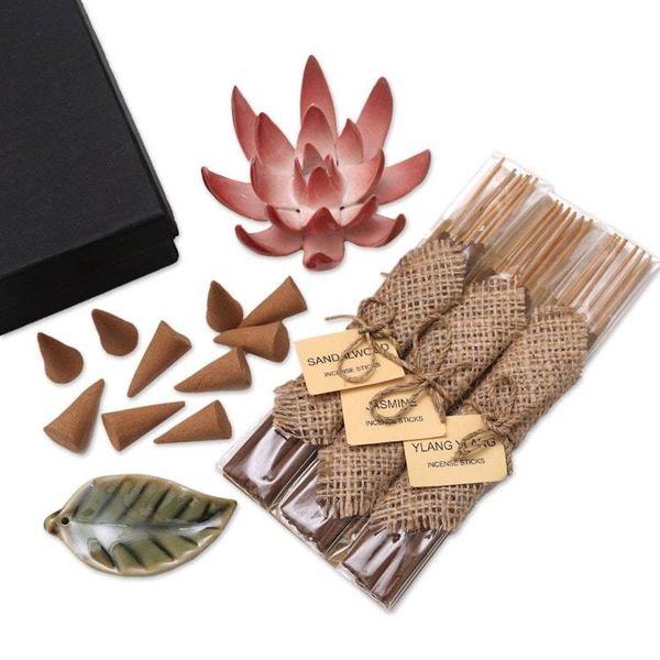 Alternate image for Ceramic Lotus Flower Aromatherapy Incense Boxed Set Blooming Lotus in Pink