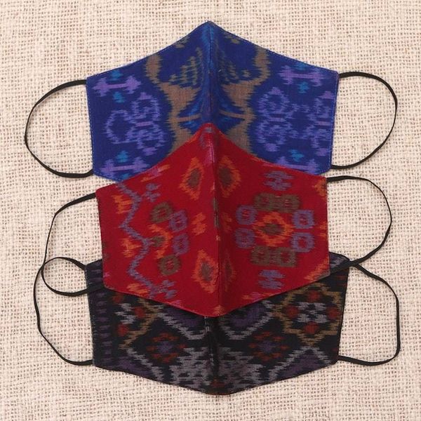 Alternate image for 1 Black-1 Burgundy-1 Blue-2-Layer Contoured Ikat Cotton Mask Ikat Jewels
