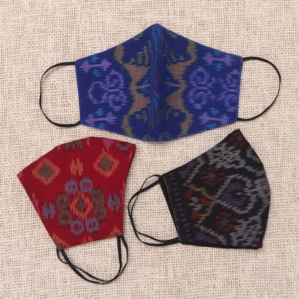 Alternate image for 1 Black-1 Burgundy-1 Blue-2-Layer Contoured Ikat Cotton Mask Ikat Jewels
