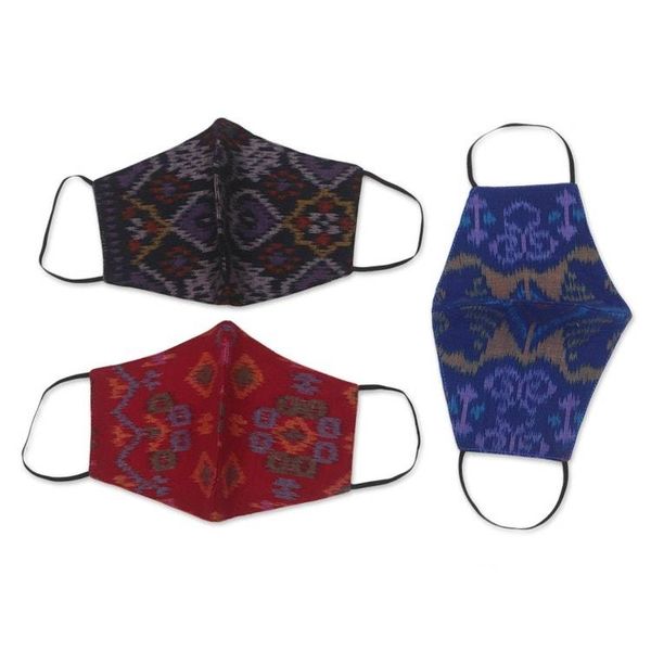 Alternate image for 1 Black-1 Burgundy-1 Blue-2-Layer Contoured Ikat Cotton Mask Ikat Jewels