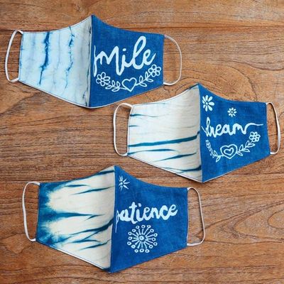 Alternate image for Natural Dyes All Cotton Batik Face Masks Set of 3 Smile, Dream, Patience