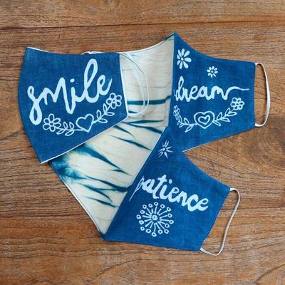 Alternate image for Natural Dyes All Cotton Batik Face Masks Set of 3 Smile, Dream, Patience