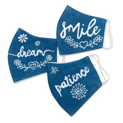 Alternate image for Natural Dyes All Cotton Batik Face Masks Set of 3 Smile, Dream, Patience