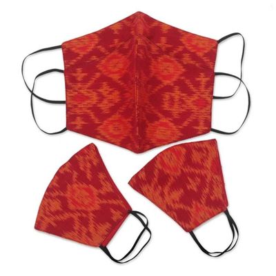 Alternate image for 4 Handwoven Red Orange 2-Layer Cotton Ikat Masks 2 Sizes Ikat Radiance