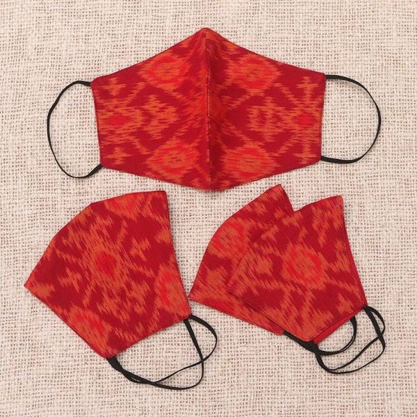 Alternate image for 4 Handwoven Red Orange 2-Layer Cotton Ikat Masks 2 Sizes Ikat Radiance