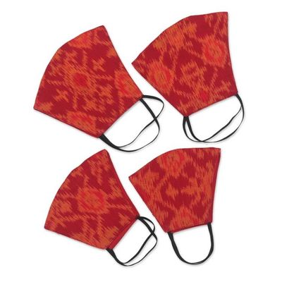 Alternate image for 4 Handwoven Red Orange 2-Layer Cotton Ikat Masks 2 Sizes Ikat Radiance