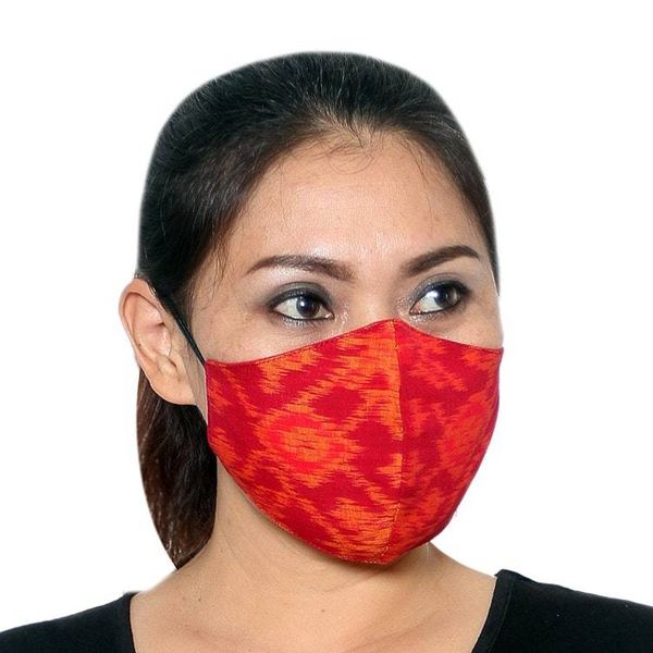 Alternate image for 4 Handwoven Red Orange 2-Layer Cotton Ikat Masks 2 Sizes Ikat Radiance