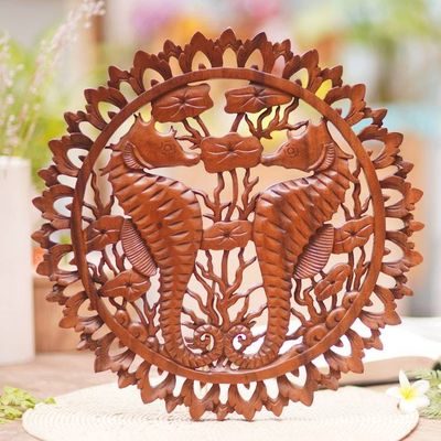 Alternate image for Handmade Suar Wood Relief Panel Seahorse Couple