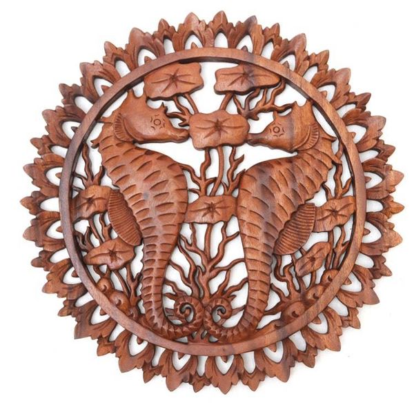 Alternate image for Handmade Suar Wood Relief Panel Seahorse Couple