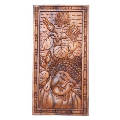 Alternate image for Handmade Suar Wood Buddha Relief Panel Lotus Tangle