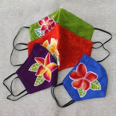 Alternate image for 4 Hand-Painted Plumeria on Balinese Batik 2-Layer Face Masks Island Plumeria