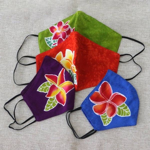 Alternate image for 4 Hand-Painted Plumeria on Balinese Batik 2-Layer Face Masks Island Plumeria