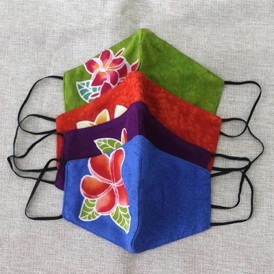 Alternate image for 4 Hand-Painted Plumeria on Balinese Batik 2-Layer Face Masks Island Plumeria