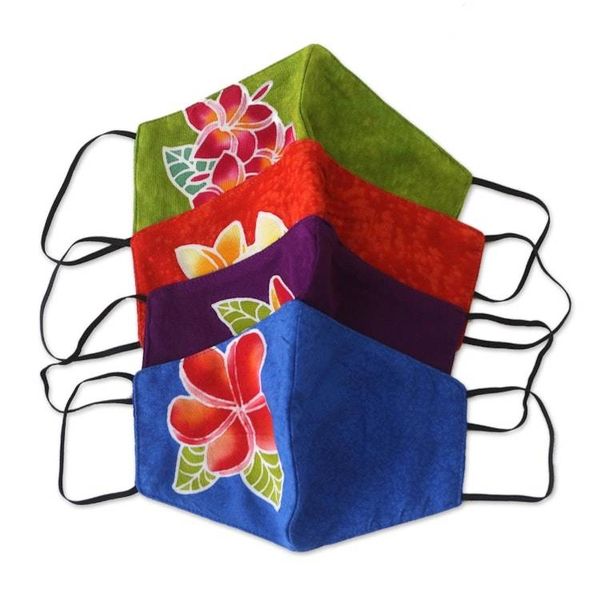 Alternate image for 4 Hand-Painted Plumeria on Balinese Batik 2-Layer Face Masks Island Plumeria