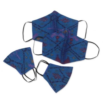 Alternate image for 2 Large 2 Small Handwoven Blue 2-Layer Cotton Ikat Masks Ikat Blue