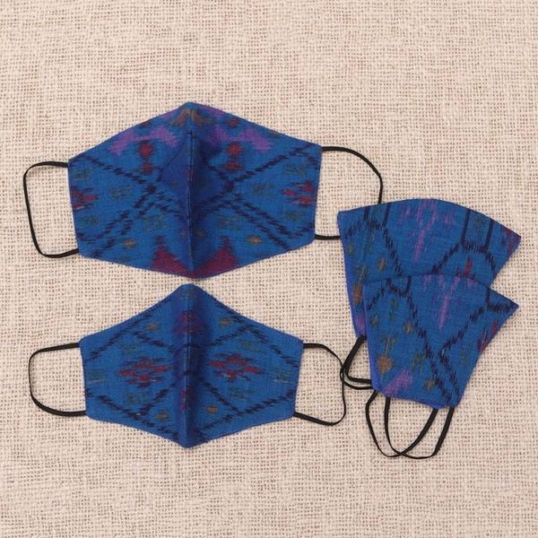 Alternate image for 2 Large 2 Small Handwoven Blue 2-Layer Cotton Ikat Masks Ikat Blue