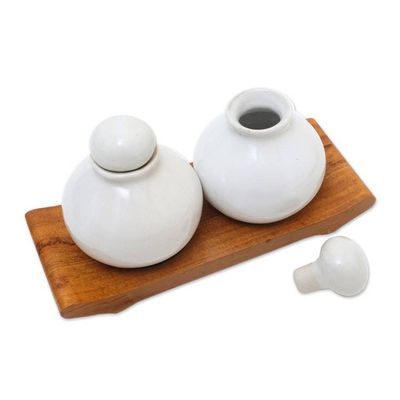 Alternate image for Hand Crafted White Ceramic and Teak Wood Bathroom Set Splendid Bath in White
