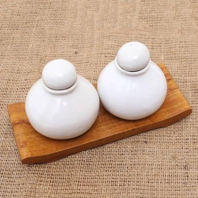 Alternate image for Hand Crafted White Ceramic and Teak Wood Bathroom Set Splendid Bath in White