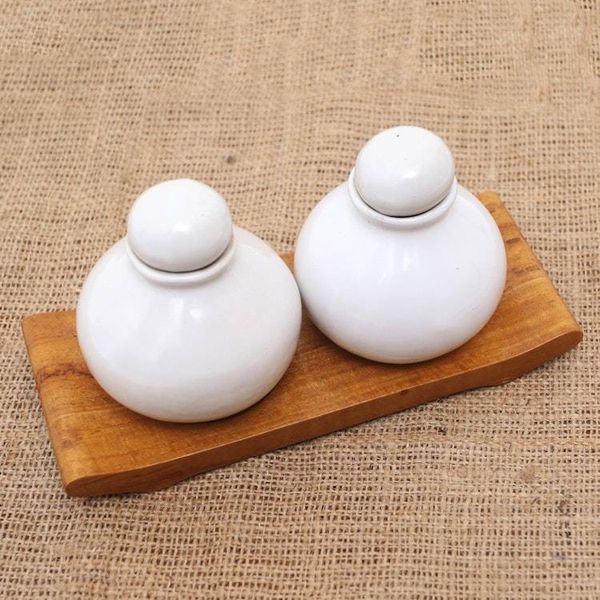 Alternate image for Hand Crafted White Ceramic and Teak Wood Bathroom Set Splendid Bath in White