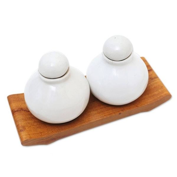 Alternate image for Hand Crafted White Ceramic and Teak Wood Bathroom Set Splendid Bath in White