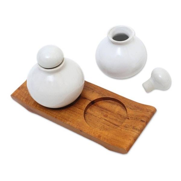 Alternate image for Hand Crafted White Ceramic and Teak Wood Bathroom Set Splendid Bath in White