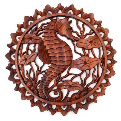 Alternate image for Handmade Suar Wood Seahorse Relief Panel Single Seahorse