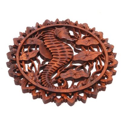 Alternate image for Handmade Suar Wood Seahorse Relief Panel Single Seahorse
