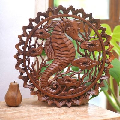 Alternate image for Handmade Suar Wood Seahorse Relief Panel Single Seahorse