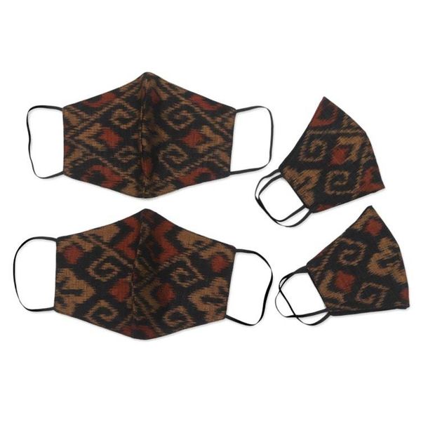 Alternate image for 2 Adult2 Child Brown Black 2-Layer Cotton Ikat Masks Ginger Brown Ikat