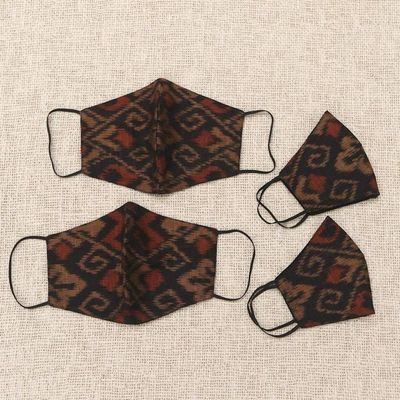 Alternate image for 2 Adult2 Child Brown Black 2-Layer Cotton Ikat Masks Ginger Brown Ikat