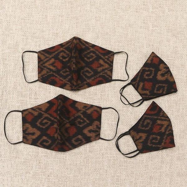 Alternate image for 2 Adult2 Child Brown Black 2-Layer Cotton Ikat Masks Ginger Brown Ikat