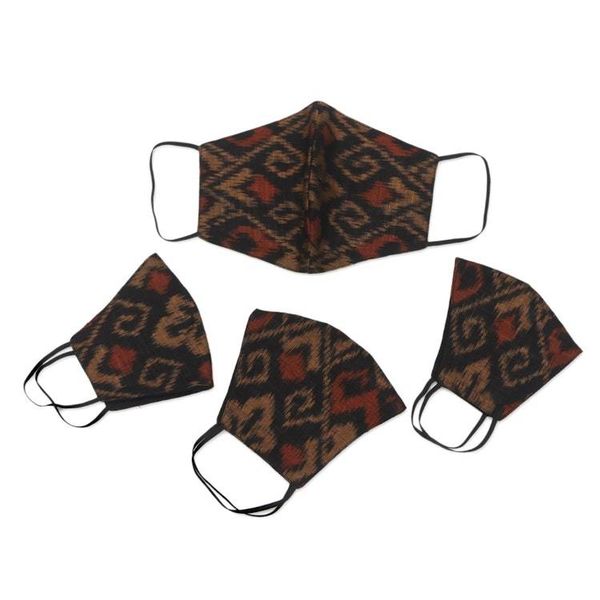 Alternate image for 2 Adult2 Child Brown Black 2-Layer Cotton Ikat Masks Ginger Brown Ikat