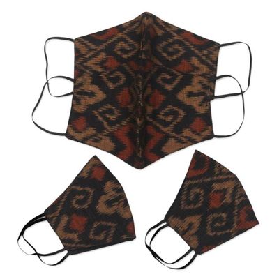 Alternate image for 2 Adult2 Child Brown Black 2-Layer Cotton Ikat Masks Ginger Brown Ikat