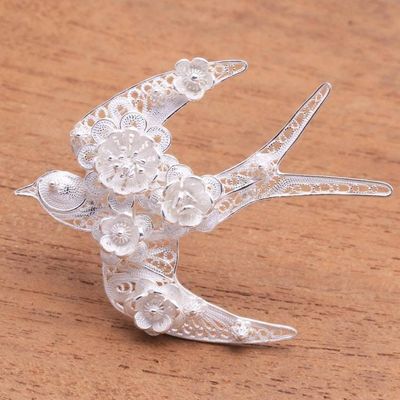 Alternate image for Sterling Silver Filigree Swallow Brooch from Java Intricate Swallow