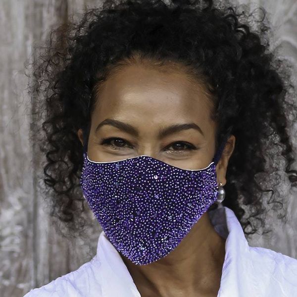 Alternate image for 2 Hand Beaded Cotton Contoured Face Masks in White and Blue Glamour and Sparkle