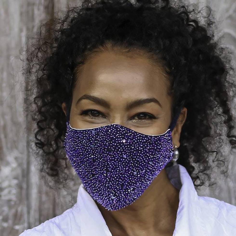 2 Hand Beaded Cotton Contoured Face Masks in White and Blue 'Glamour and Sparkle'