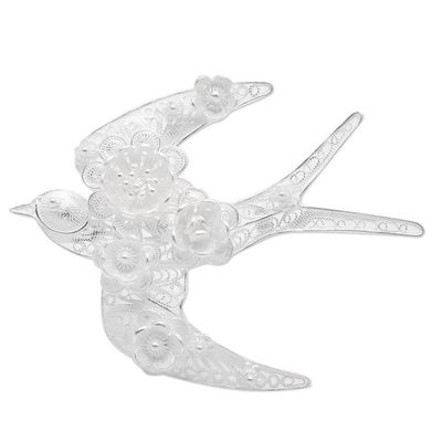 Alternate image for Sterling Silver Filigree Swallow Brooch from Java Intricate Swallow