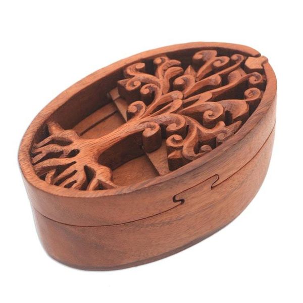 Alternate image for Tree-Themed Suar Wood Puzzle Box from Bali Tree Oval