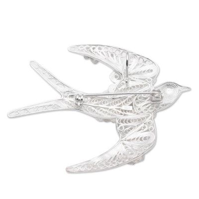 Alternate image for Sterling Silver Filigree Swallow Brooch from Java Intricate Swallow