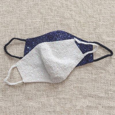 Alternate image for 2 Hand Beaded Cotton Contoured Face Masks in White and Blue Glamour and Sparkle