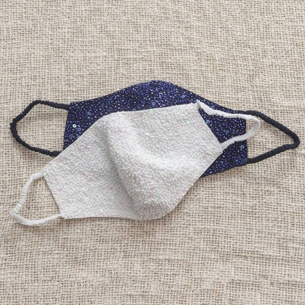 Alternate image for 2 Hand Beaded Cotton Contoured Face Masks in White and Blue Glamour and Sparkle