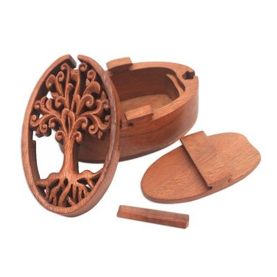 Alternate image for Tree-Themed Suar Wood Puzzle Box from Bali Tree Oval